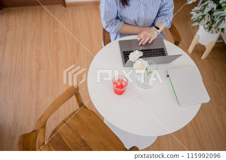 asian woman freelancer relax and happy during working from home asian woman freelancer relax and happy during working from home 115992096