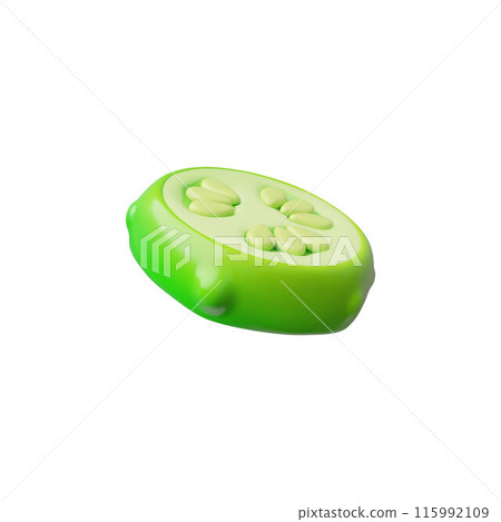 Vector 3d graphics of green cucumber with peel and seeds, sliced, on a white background Vector 3d graphics of green cucumber with peel and seeds, sliced, on a white background 115992109