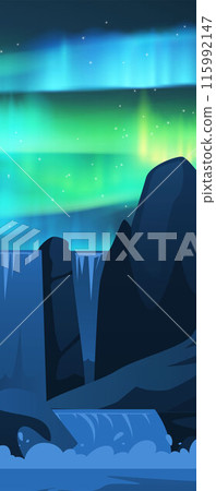 Colorful aurora borealis polar lights on starry night sky mountains and waterfall landscape vector vertical illustration 115992147