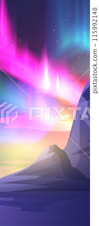 Colorful aurora borealis lights on mountain landscape vector vertical illustration, glowing effect on starry night sky 115992148