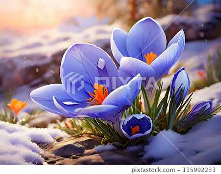 Flowers of blue crocuses flowers in the cold snow. 115992231