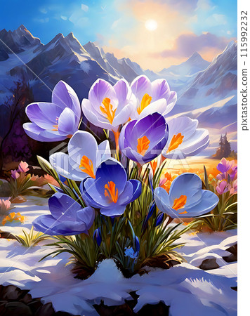 Flowers of blue crocuses flowers in the cold snow. 115992232