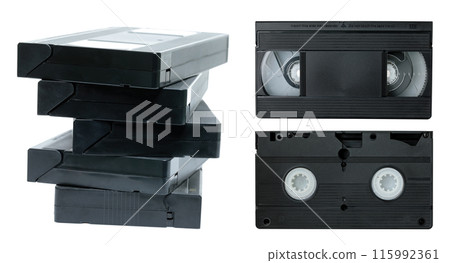 Set of retro old analog video cassettes, isolated on transparent background, retro things concept Set of retro old analog video cassettes, isolated on transparent background, retro things concept 115992361
