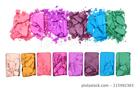 Set of Broken and Smashed Color Make-Up Eyeshadow Palletes, isolated on transparent background Set of Broken and Smashed Color Make-Up Eyeshadow Palletes, isolated on transparent background 115992365