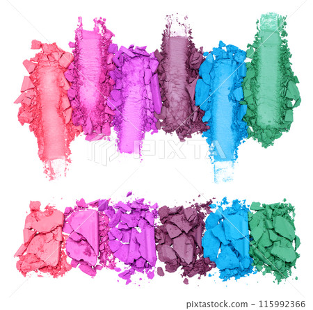 Set of Broken and Smashed Color Make-Up Eyeshadow Palletes, isolated on transparent background 115992366