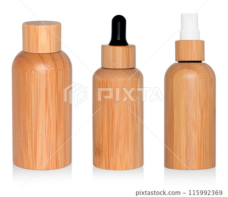 Set of Wooden Cosmetic Dropper Bottles isolated on transparent background, cosmetics and zero waste 115992369