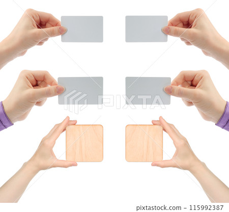 Set of Women Hands, which holding different Blank Cards, isolated on transparent background 115992387
