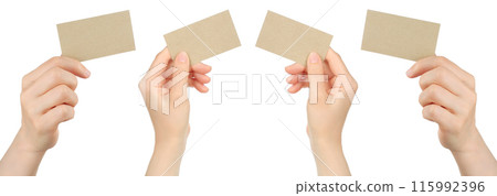 Set of Women Hands, which holding Paper Blank Business Card, isolated on transparent background Set of Women Hands, which holding Paper Blank Business Card, isolated on transparent background 115992396