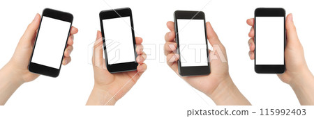Set of Woman Hands which holding Smartphone with blank screen, isolated on transparent background 115992403