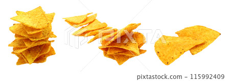 Set of Nachos Snacks isolated on transparent background, fast food and snacks concept Set of Nachos Snacks isolated on transparent background, fast food and snacks concept 115992409