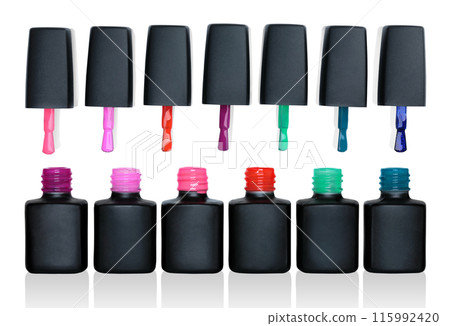 Set of Cosmetic Nail Polish Bottles and Brushes, isolated on transparent background 115992420