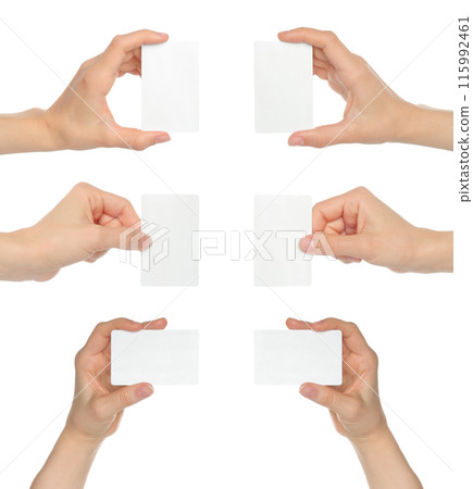 Set of Hands, which holding white blank card, isolated on transparent background 115992461