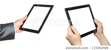 Set of Hands, which holding Touch Screen Device - Tablet PC with blank screen Set of Hands, which holding Touch Screen Device - Tablet PC with blank screen 115992466