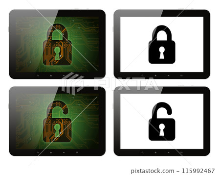 Set of Tablet PCs with lock on its screen, isolated on transparent background, internet security 115992467