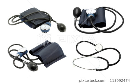 Set of Blood Pressure Measuring Equipment, isolated on transparent background 115992474