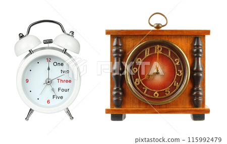 Set of Retro and Modern Alarm Clocks, isolated on transparent background Set of Retro and Modern Alarm Clocks, isolated on transparent background 115992479