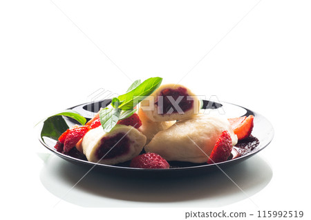 cooked sweet homemade steamed dumplings with strawberries cooked sweet homemade steamed dumplings with strawberries 115992519