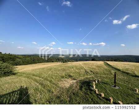 A sundial made of wooden bars in a field among greenery A sundial made of wooden bars in a field among greenery 115992552
