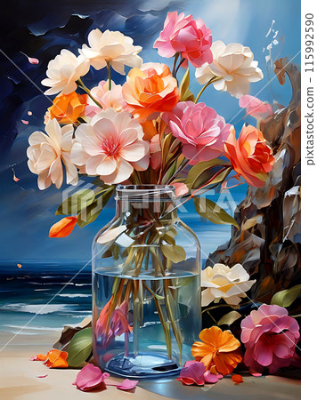 Colorful flowers in a beautiful glass vase. 115992590