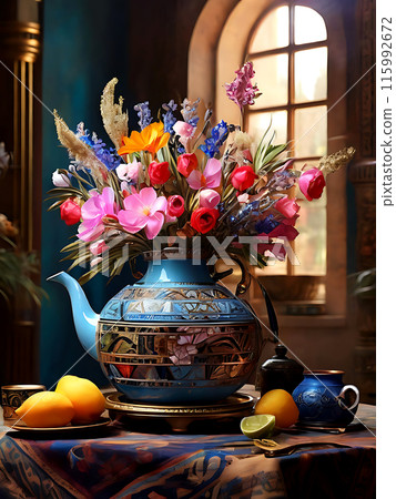 Antique kettle with beautiful colorful flowers. 115992672