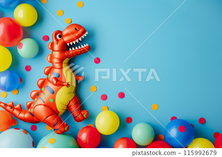 Colorful background with dinosaur, balloons and copy space. Birthday backdrop with empty space for text. Invitation or greeting card with dino. Playful, vibrant design. Event for kids. Generative AI. 115992679