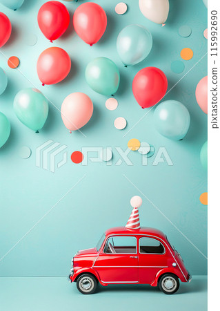 Colorful background with red car, balloons and copy space. Birthday backdrop with empty space for text. Invitation or greeting card for boys. Playful, vibrant design. Event for kids. Generative AI. Colorful background with red car, balloons and copy space. Birthday backdrop with empty space for text. Invitation or greeting card for boys. Playful, vibrant design. Event for kids. Generative AI. 115992690