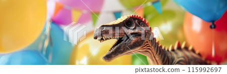 Colorful background with dinosaur, balloons and copy space. Birthday backdrop with empty space for text. Invitation or greeting card with dino. Playful, vibrant design. Event for kids. Generative AI. 115992697