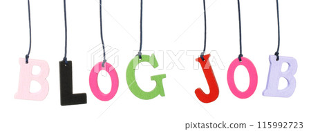 Set of Color Hanging Wooden Letters forming the Blog and Job words, isolated on white background 115992723