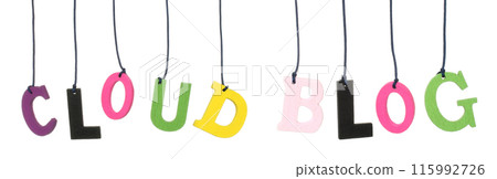 Set of Color Hanging Wooden Letters, which forming a Cloud and Blog words, isolated Set of Color Hanging Wooden Letters, which forming a Cloud and Blog words, isolated 115992726