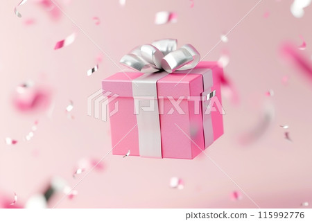 Elegant floating pink gift box with a silver ribbon, surrounded by falling confetti against a soft pink background. Special occasions. Women's, Mothers Day present. Valentines Day. Generative AI. Elegant floating pink gift box with a silver ribbon, surrounded by falling confetti against a soft pink background. Special occasions. Women's, Mothers Day present. Valentines Day. Generative AI. 115992776