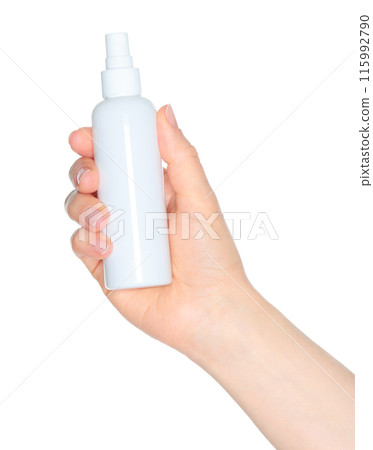 Woman hands holding a white spray bottle, isolated on white background close-up, template Woman hands holding a white spray bottle, isolated on white background close-up, template 115992790
