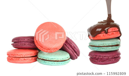 Set of French Macaroons with melted chocolate, isolated on white background Set of French Macaroons with melted chocolate, isolated on white background 115992809