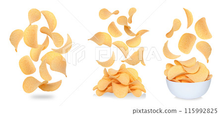 Set of Levitating potato chips, falling to heap and to white bowl, isolated on white background 115992825