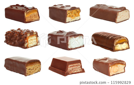Set of Cut chocolate bar with stretching caramel, isolated on white background 115992829