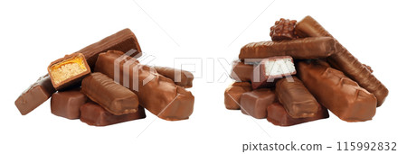 Set of Heaps of chocolate bars, isolated on white background Set of Heaps of chocolate bars, isolated on white background 115992832