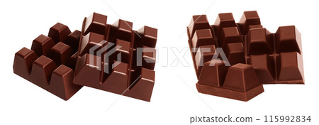 Set of Dark broken chocolate bars, isolated on white background 115992834