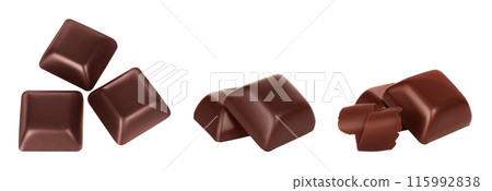 Set of Dark broken chocolate bars, isolated on white background Set of Dark broken chocolate bars, isolated on white background 115992838