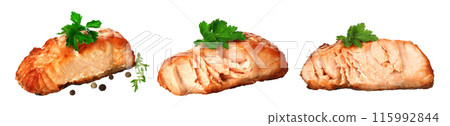 Set of Fried Salmon fish steak with green scum, isolated on white background 115992844