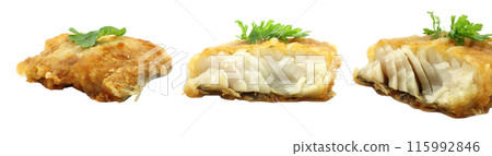 Set of Fried Sea Fish steaks with green scum, isolated on white background Set of Fried Sea Fish steaks with green scum, isolated on white background 115992846