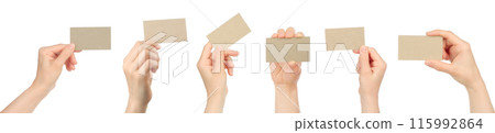 Set of Women Hands, which holding gray blank business card, isolated on white background Set of Women Hands, which holding gray blank business card, isolated on white background 115992864