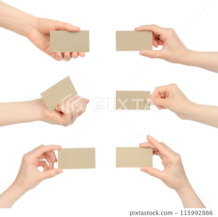 Set of Women Hands, which holding gray blank business card, isolated on white background Set of Women Hands, which holding gray blank business card, isolated on white background 115992866