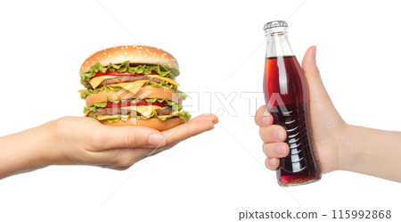 Set of Women Hands with bottle of cola and hamburger, isolated on white background, fast food set concept Set of Women Hands with bottle of cola and hamburger, isolated on white background, fast food set concept 115992868