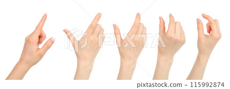 Set of Woman hands with gestures like touching mobile phone screen, isolated on white background Set of Woman hands with gestures like touching mobile phone screen, isolated on white background 115992874