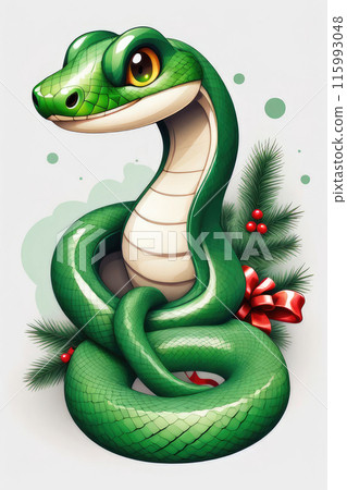 Watercolor of cartoon character green snake for the design of cards and invitations for the Christmas holidays. 115993048