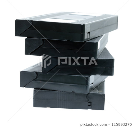 Heap of retro old analog video cassettes with copyspace, isolated on white background, top view Heap of retro old analog video cassettes with copyspace, isolated on white background, top view 115993270