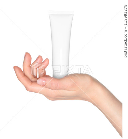 Woman hand holds a white cosmetic cream tube, on white background close-up, template for cosmetics Woman hand holds a white cosmetic cream tube, on white background close-up, template for cosmetics 115993279