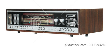 Retro old radio, isolated on white background, front view, retro things concept 115993280
