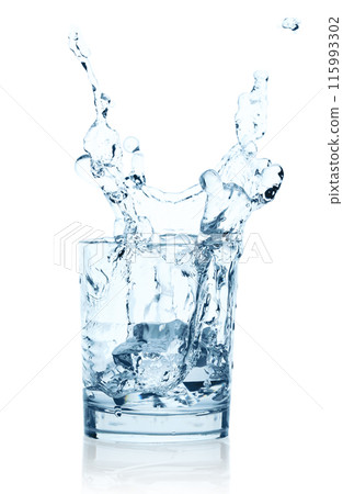 Falling Ice Cubes into the Glass of Water with splash, isolated on white background Falling Ice Cubes into the Glass of Water with splash, isolated on white background 115993302