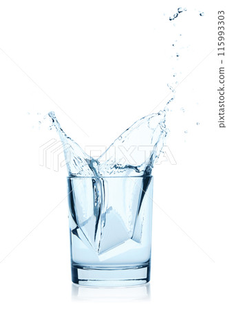 Falling Ice Cubes into the Glass of Water with splash, isolated on white background Falling Ice Cubes into the Glass of Water with splash, isolated on white background 115993303