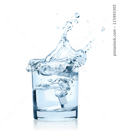 Falling Ice Cubes into the Glass of Water with splash, isolated on white background Falling Ice Cubes into the Glass of Water with splash, isolated on white background 115993305